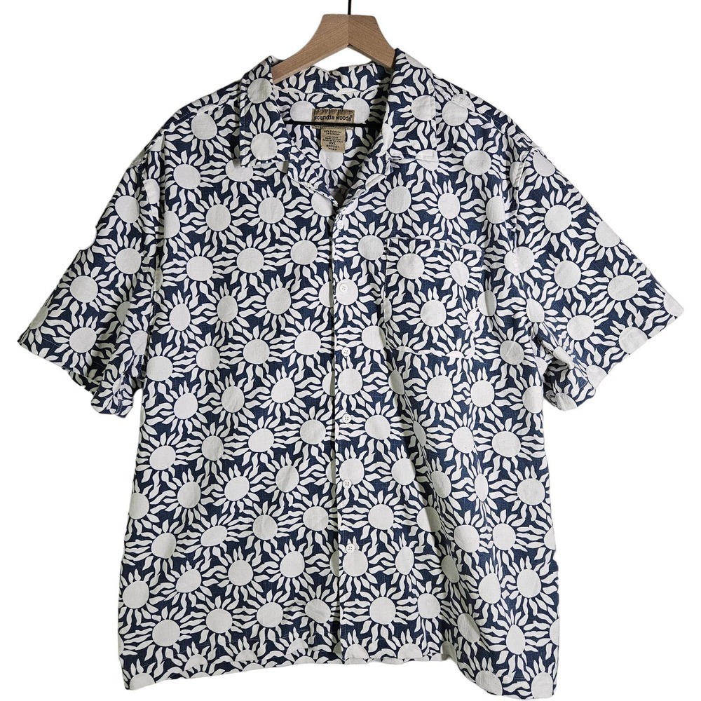 Scandia Woods Boho Sun Print Button Front Camp Shirt Men's 2X Blue‎ White
